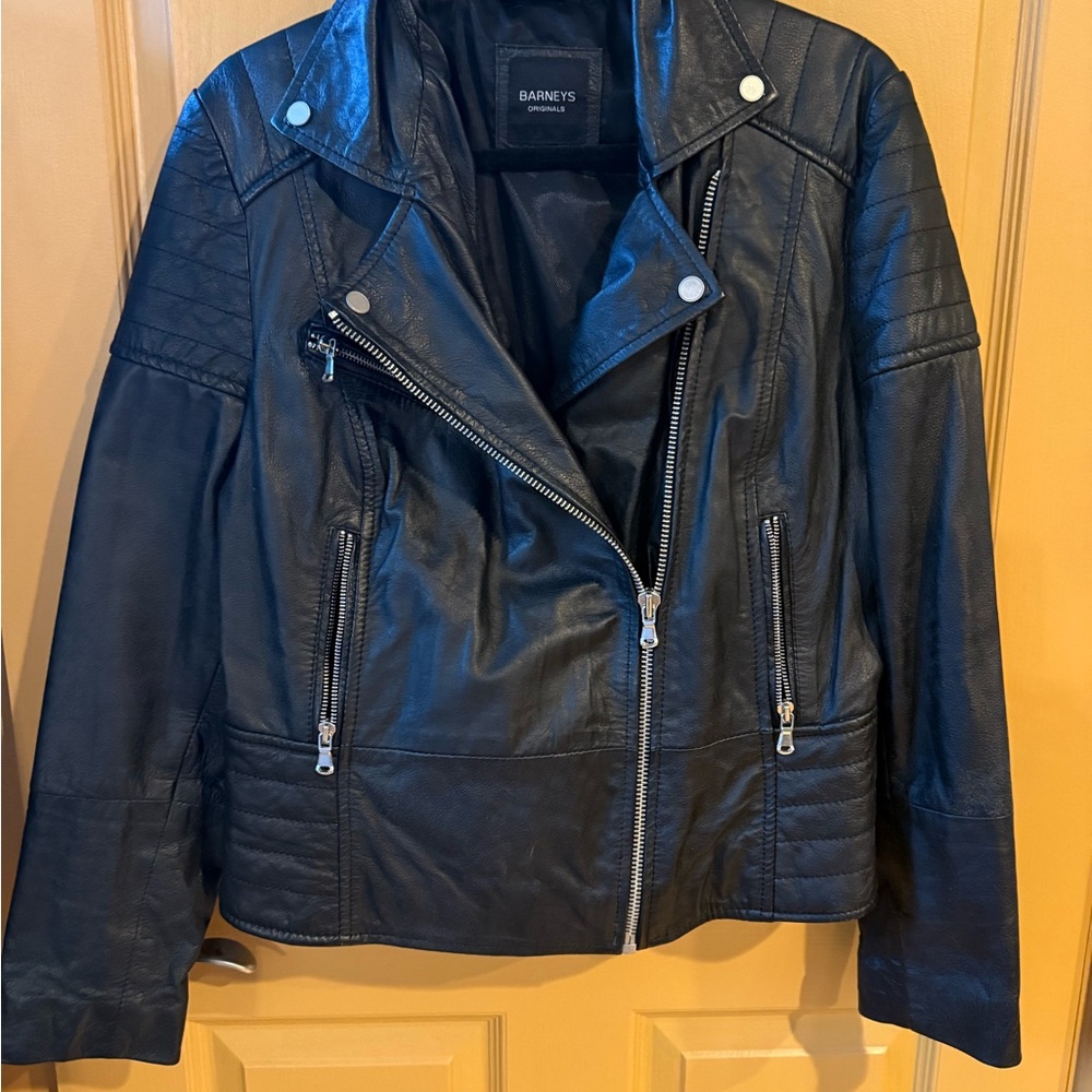 Barneys Original New York Sleek Black Leather Jacket- Size 12/14